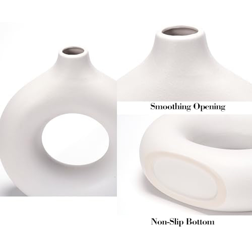 White Ceramic Vase Set of 2 Donut Home Decor Modern Farmhouse Round Matte Boho Style Living Room Table Room Pottery Small Vases for Dried Flowers - color: Vt11 White