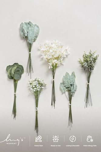 Ling's moment Artificial Greenery Stems Box Set, 98pcs with 6 Kinds of Faux Greenery Picks for DIY Bridal Bouquets Wedding Floral Arrangement Table Centerpieces, Sage Green & White - color: Grn-sage Green & White