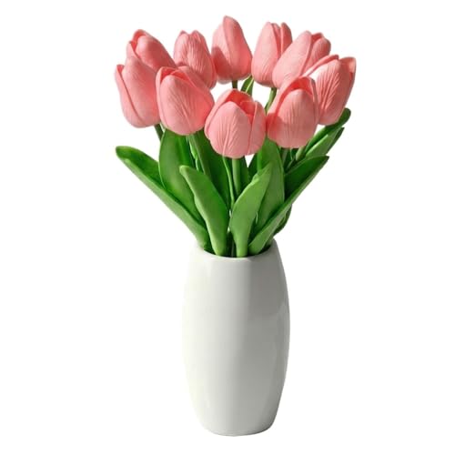 10 Stems Pink Real-Touch Artificial Tulips with Premium Glazed Ceramic Vase – Modern Farmhouse Table Centerpiece（ Premium Vase+Pink - color: Premium Vase+pink