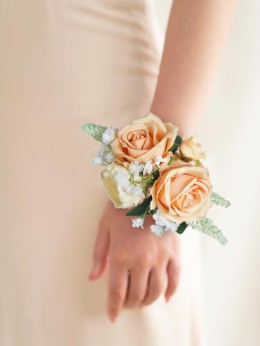 Rinlong 2Pcs Peach Champagne Wrist Corsage for Wedding, Prom, Homecoming | Bridesmaid, Mother of the Bride Corsage - color: 24-coral