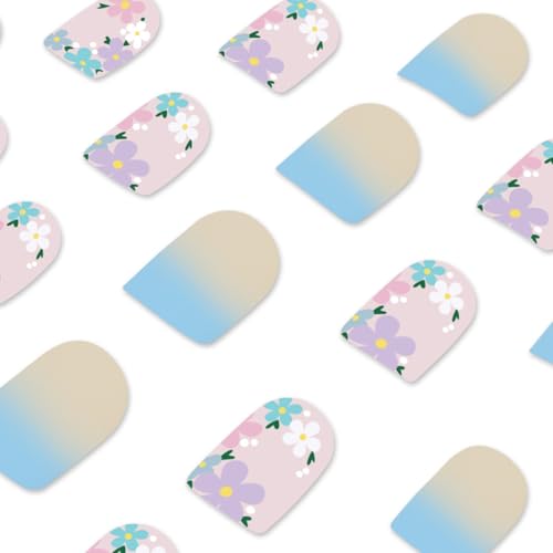 Flower Press on Nails Short Square Fake Nails Nude Blue False Nails with Colorful Floral Designs Full Cover Stick on Nails Glue on Nails Summer Nails Acrylic Nails for Women Girls 24 Pcs - color: Flower Square41