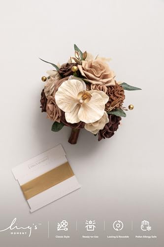 Ling's moment Walnut Brown Artificial Wedding Flower Bouquets for Bridesmaids Brown Floral Bouquet Golden Glove Bridesmaid Bouquets with Ribbon Ceremony Anniversary,7-inch Diameter - color: Br-walnut Brown & Golden Glove