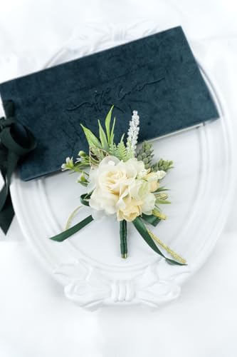 2 Pcs Wrist Corsage and Boutonniere Set, Champagne Corsage for Wedding, Boutonniere for Men Artificial Rose Flower Wristlet Bracelet Prom Ceremony Anniversary Accessories Decor Suit - color: Champagne