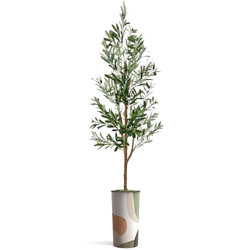 Artificial Tree in Multicolor Textured Geometric Shapes Illustrations Planter, Fake Olive Silk Tree for Indoor and Outdoor Home Decoration - 68" Overall Tall (Plant Pot Plus Tree) - style: Olive Tree