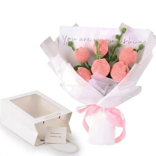 Handmade Crochet Pink Tulip Bouquet, Knitted Eternal Flower Arrangement with Gift Wrap, Pollen-Free Artificial Flowers for Valentine’s Day, Mother’s Day, Graduation, Birthday Gift - color: Pink