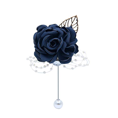 Rose Wedding Wrist Corsage and Boutonniere Set Party Prom Hand Ribbon Flower Suit Decor (Dark Blue) - color: Dark Blue