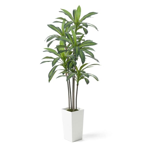 Fencer Wire Artificial Dracaena Tree 6FT – Tall Faux Dracaena Floor Plant in White Planter, Low Maintenance Large Indoor Tree for Living Room Office Corner - size: 6ft