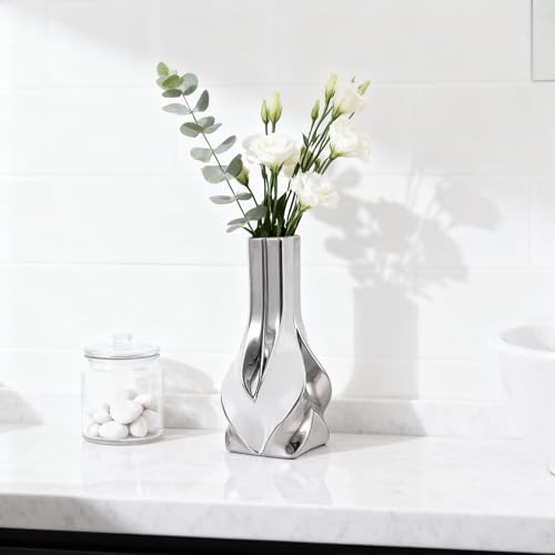 10.6" White and Silver Ceramic Vase, Modern Geometric Flower Vase for Dining Table Centerpiece, Elegant Decorative Vase for Pampas Grass, Living Room, Bedroom, Office, Tabletop Decoration - color: White Silver