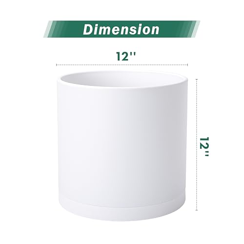 D'vine Dev 2 Pack 12 Inch Modern Plastic Plant Pots, Cylindrical Garden Planters for Plants with Drainage Holes and Saucers, White, 74-Z-P-1 - size: 12"