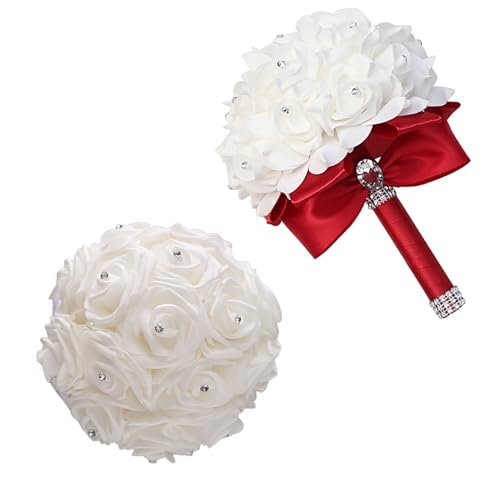 Wedding Bouquets for Bride, Bridal Flowers for Wedding, Bride Bridesmaid Hand Flowers Bridal Bouquet Crystal Diamond Silk Roses, Artificial Flowers Bouquet for Church Wedding Party (Red) - color: Red