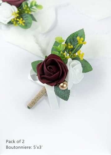 Set of 2 Burgundy Rose Boutonniere for MenWedding, Groom Groomsman Artificial Flowers for Wedding Anniversary Celebration,Prom,Party,Home Decoratio (Burgundy) - color: Burgundy