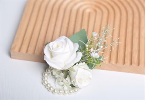 White Rose Corsage and Boutonniere Set for Wedding Party Homecoming Prom Artificial Flower Boutonniere for Best Men Groomsmen Groom Wrist Corsage for Girl Mother Bride Bridesmaid - color: White Corsage and Boutonniere
