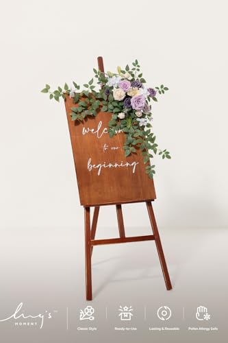 Ling's moment Wedding Artificial Welcome Sign Flowers Swag Arch Floral Garland Decorations Lilac Gold for Ceremony Reception Entrance Entryway Party Banquets Easel Wall Home Outdoor(NOT Include Sign) - color: Lilac & Gold