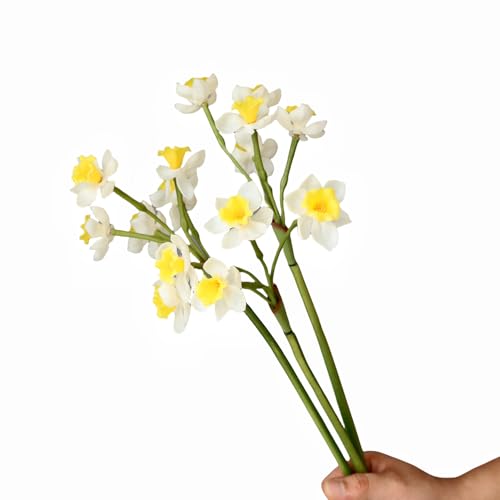 XIYUAN 6 Bundles Daffodils Artificial Flowers 20inch Lifelike Real Touch Narcissus Spring Flowers PU Fake Daffodil Flower Home Indoor Outdoor Wedding Table Party Decor (White)