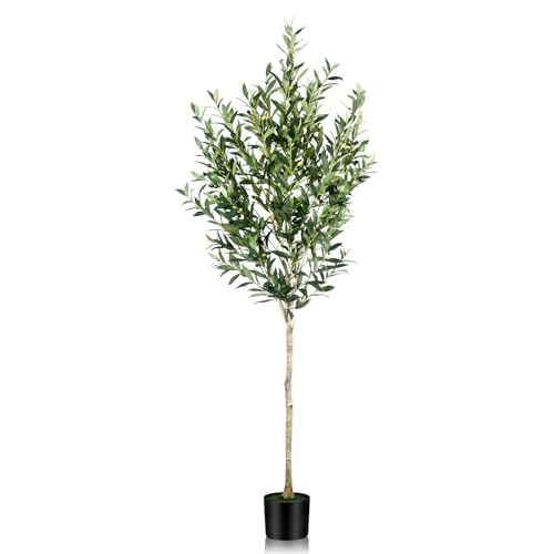 6FT Olive Tree Artificial Indoor - Tall Faux Olive Tree with Wood Trunk and Lifelike Fruits - Fake Plants in Pot for Home Office Living Room Decor - size: 6ft