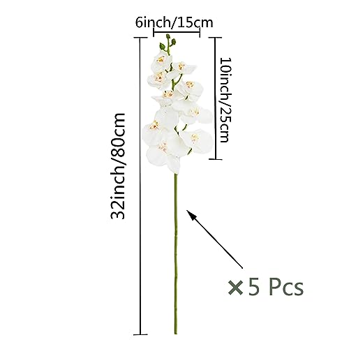 HinyoCo 5 Pcs Artificial Orchid Flowers,Artificial Phalaenopsis Flowers 32 Inch Stem Plants for Home Wedding Decoration (White) - color: White