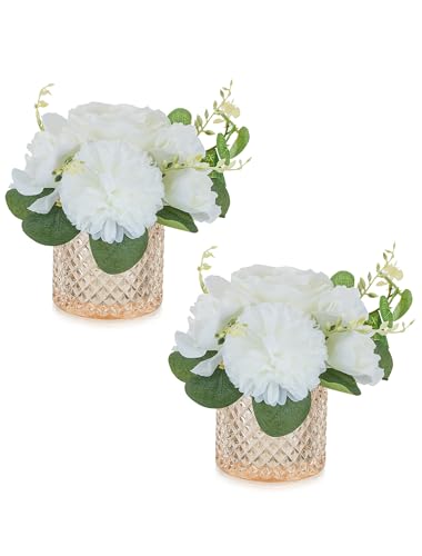 NUPTIO Small Fake Flower in Vase: 2 Pcs Silk Artificial Flowers with Champagne Pink Glass Vase for Living Room Bathroom Office - Faux Rose Mums Floral Arrangement Wedding Dining Table Centerpiece - color: Champagne Pink, size: 2pcs