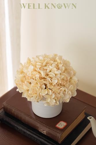 Fake Silk Hydrangea Flowers in Vase, Artificial Flowers with White Ceramic Vase, Small Potted Floral Arrangement for Home Kitchen Counter Vanity Coffee Table Centerpiece Bathroom Decor (Champagne) - color: Hydrangea, Champagne
