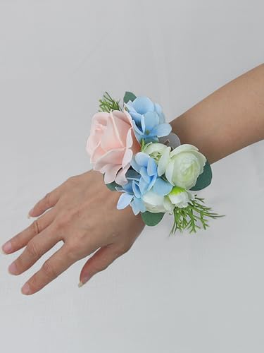 Rinlong 2Pcs Pink Blue Wrist Corsage for Wedding, Prom, Homecoming | Bridesmaid, Mother of the Bride Corsage - color: 11-blue & Blush