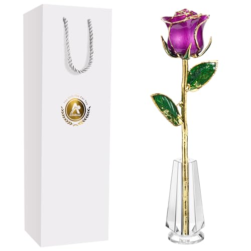 AliveRose Gold Roses, 24K Gold Rose Made from Real Rose - Unique Design 24K Dipped Rose for Anniversary Valentines Mothers Day Birthday Gifts (Purple Original Rose with Crystal Vase) - color: 4. Purple Original Rose With Crystal Vase