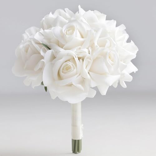 8 Inch Bridesmaid Bouquet, Morandi Ivory Cream White Real Touch Rose Wedding Flowers, Artificial Floral Arrangement for Bridesmaids, Bridal Shower, Toss Bouquet and Wedding Prom - size: 8 Inch