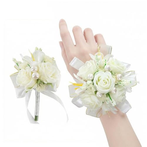 Ivory Rose Corsage and Boutonniere Set, Prom Flower Wrist Corsage Wristlet Band Bracelet, Boutonniere for Men White Wedding Flowers Accessories Prom Suit Decorations - color: Ivroy White
