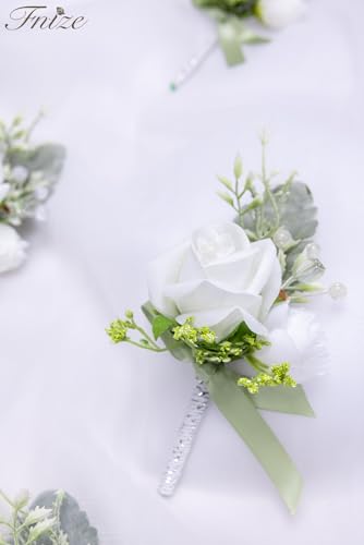 Fnize White Boutonniere for Men, 6 Pcs Groom Groomsmen Boutonnieres, Artificial Flowers for Wedding Prom Homecoming - color: White