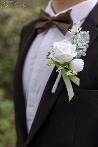 Fnize White Boutonniere for Men, 6 Pcs Groom Groomsmen Boutonnieres, Artificial Flowers for Wedding Prom Homecoming - color: White