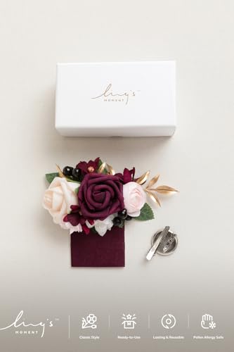 Ling's moment Pocket Boutonniere Single, Boutonniere for Men Groom for Wedding, Prom, Homecoming, Anniversary, Graduation, etc.Marsala Blush, 6" W x 5" H - color: Red-marsala & Blush, size: 6" W x 5" H