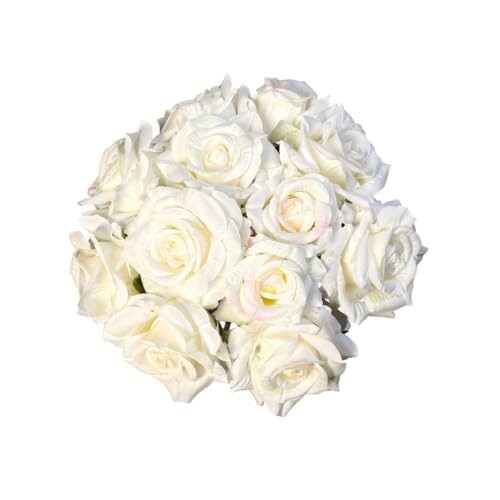6 Stems Real Touch Artificial White Roses, 22.5in Long Stem Faux Silk Rose Bouquet with 4in Blooms and 3in Buds, White Fake Roses for Wedding Bouquets, Centerpieces, Vase and Home Decor - color: White