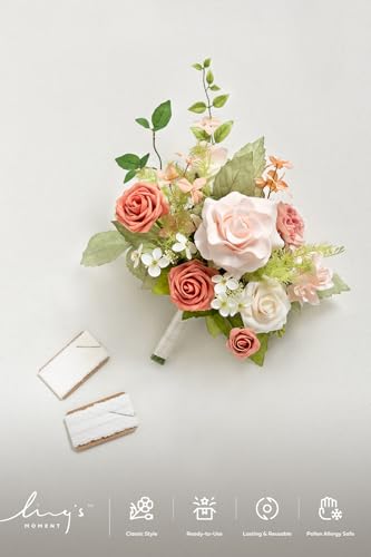 Ling's moment Pink Artificial Wedding Flower Bouquets for Bridesmaids Blush Floral Bouquet Bridesmaid Bouquets with Ribbon Ceremony Anniversary,7-inch Diameter - color: Pk-blush Garden