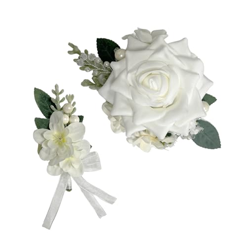 Corsage and Boutonniere Set for Bride Groom Bridesmaids Groomsmen Wedding Prom Homecoming Boutonniere and Corsage Wristlet (White) - color: White