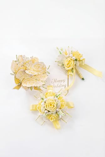 Yellow Rose Corsage and Boutonniere Set, Prom Flower Wrist Corsage Wristlet Band Bracelet, Boutonniere for Men White Wedding Flowers Accessories Prom Suit Decorations - color: Yellow