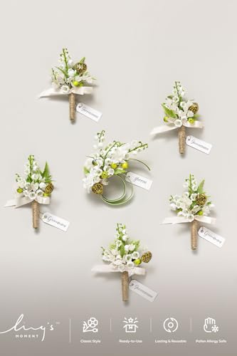 Ling's moment Wedding Artificial Flowers Package, Bridal Bouquet, Bridesmaid Bouquets, Boutonniere for Men, Rose Petals.Lily Valley White - color: Wht-lily Valley & White