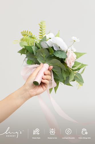 Ling's moment Pink Artificial Wedding Flower Bouquets for Bridesmaids White Floral Bouquet Blush Bridal Bouquets for Bridesmaids with Ribbon Ceremony Anniversary,7-inch Diameter - color: Pk-posy-blush & Cream