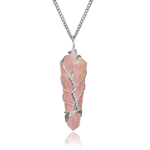 7 Chakra Healing Crystal Tree with Rose Quartz Crystal Necklaces Gifts for Women, Positive Energy, Wealth, Success, Meditation, Home & Office Decor, Spiritual Birthday Gifts for Mom and Loved one, - color: Wooden Base 7 Chakra Tree With Rose Pendant