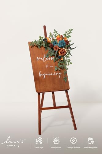 Ling's Moment Wedding Artificial Welcome Sign Flowers Swag Arch Floral Garland Decorations Teal Orange for Ceremony Reception Entrance Entryway Party Banquets Easel Wall Home Outdoor(NOT Include Sign) - color: Teal & Orange