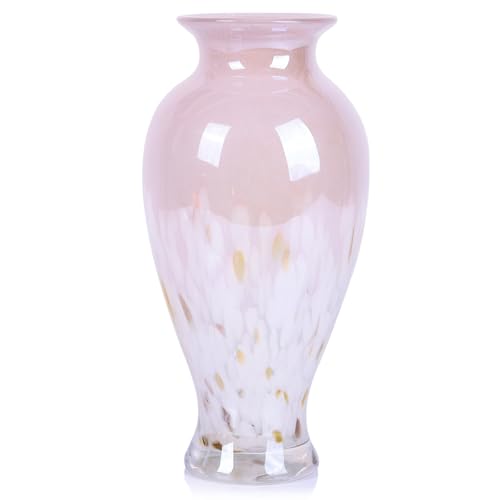 11.8" Tall Pink White Blown Glass Vase, Colorful Opaque Glass Vase, Unique Design Wide Mouth Art Decoration for Home, Living Room, Dining Table, Pampas Grass Decor (Pink White) - color: Pink White