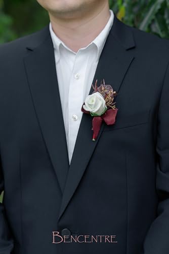 Burgundy & White Boutonniere for Men,Gothic Prom boutonnieres,Groom and Groomsmen Boutonniere for Wedding Ceremony Anniversary, Formal Dinner Party and Grad Night (Set of 6) - color: Burgundy&white, size: set of 6