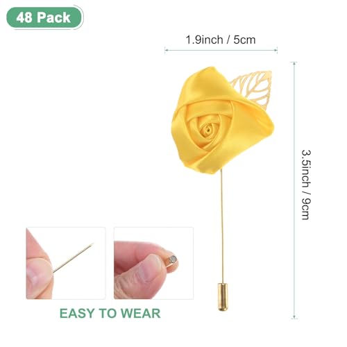 M METERXITY 48-Pack Flower Lapel Pins for Men, Golden Leaf Rose Boutonnieres Pin Groom Boutonnieres for Wedding/Dance/Party, Men Lapel Pins for Suits Satin Flower Corsage [Yellow] - color: Yellow