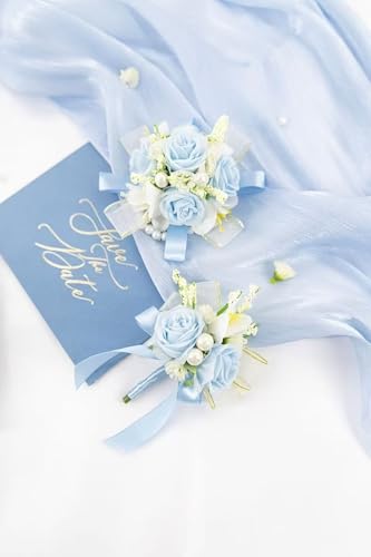 Light Blue Rose Corsage and Boutonniere Set, Prom Flower Wrist Corsage Wristlet Band Bracelet, Boutonniere for Men White Wedding Flowers Accessories Prom Suit Decorations - color: Light Blue