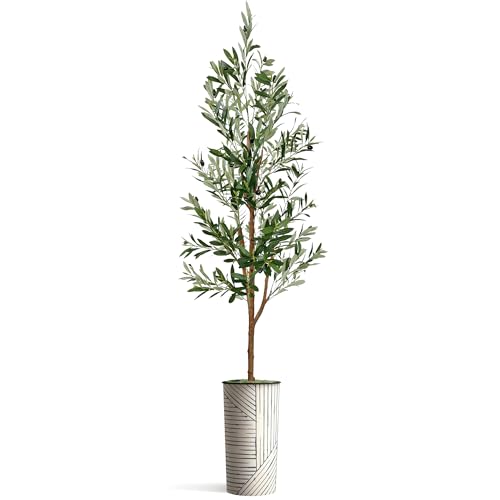 Artificial Tree in Geometric Pattern Planter, Fake Olive Silk Tree for Indoor and Outdoor Home Decoration - 68" Overall Tall (Plant Pot Plus Tree) - style: Olive Tree