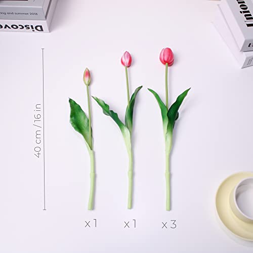 16-inch Premium Real Touch Fake Tulips, Artificial Flowers with Buds, Flexible Stem Easy to Shape, Faux Tulips (Vase not Included), 5-Pack Set of Vibrant Pink - color: Vibrant Pink