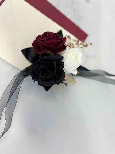 Wedding Flower Set with Rose Corsage and Boutonniere for Men (Black & Burgundy) - color: Black & Burgundy
