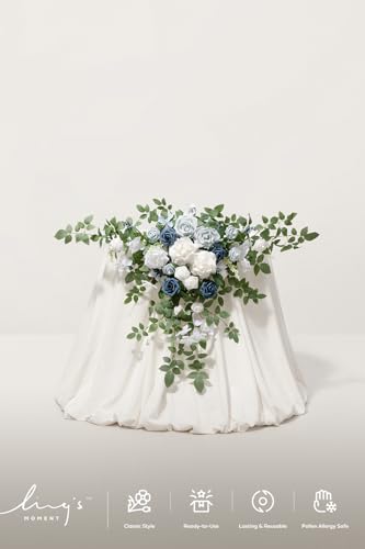 Ling's moment Dusty Blue Artificial Flower Garland Wedding Arch Flowers Floral Swags Table Centerpieces White Rose Arrangements for Sweetheart Table Easel Wall Entryway Board Backdrop Decor 2PCS - color: Blu-dusty Blue & Navy