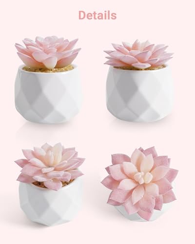 VIVERIE Mini Succulents Plants Artificial in Pots-Pink, Christmas Small Fake Succulents Plants for Home Decor Indoor for Women, White Ceramic Faux Succulents, Set of 2, Gifts for Mom - color: Pink-2 Pack