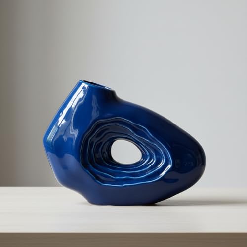Sunddo Blue Ceramic Vase for Modern Home Decor - 7 Inch Small Donut Vase, Boho Style Decorative Vase for Flowers, Bathroom, Shelf Centerpiece - color: Blue, size: 7 inch
