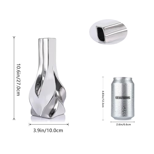 10.6" White and Silver Ceramic Vase, Modern Geometric Flower Vase for Dining Table Centerpiece, Elegant Decorative Vase for Pampas Grass, Living Room, Bedroom, Office, Tabletop Decoration - color: White Silver