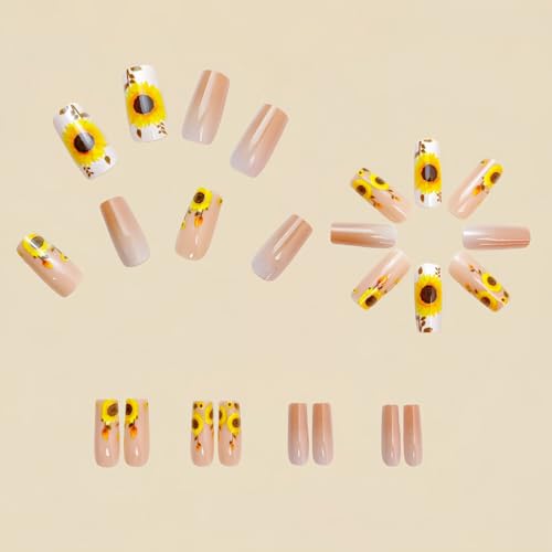 Flower MIXFOSAHN Press on Nails Medium Square Fake Nails Yellow Nude False Nails with Bright Sunflower Designs Glossy Full Cover Stick on Nails Flower Nails Glue on Nails for Women Girls 24 Pcs - color: Flower Square16