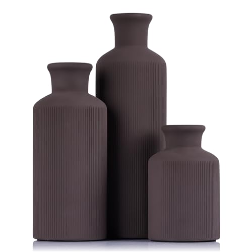 Brown Ceramic Vases Set - 3 Brown Small Vase, Farmhouse Country Vases Home Decor, Living Room Decoration, Table Decoration, Fireplace Decor, and Entrance Decorations Centerpieces - color: Dark Brown